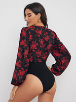 Surplice Neck Lantern Sleeve Floral Print Bodysuit