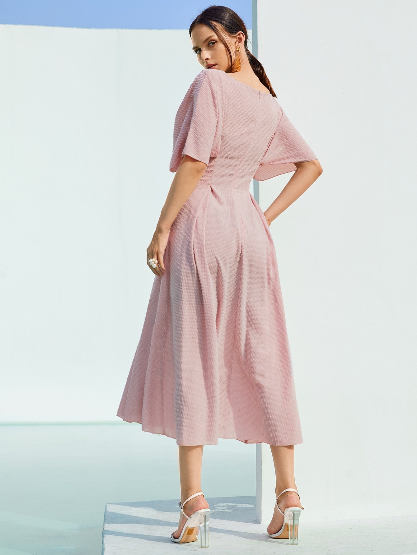 Button Front Flare Hem Solid Dress