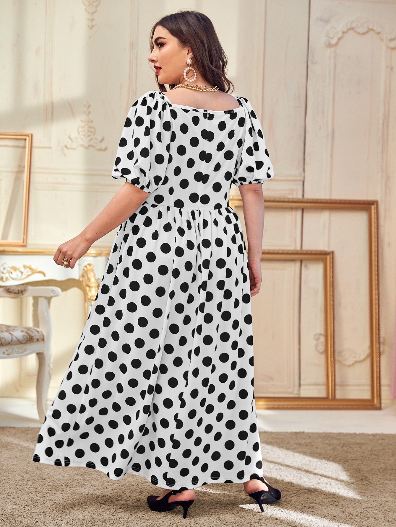 Plus Polka Dot Print Puff Sleeve Dress