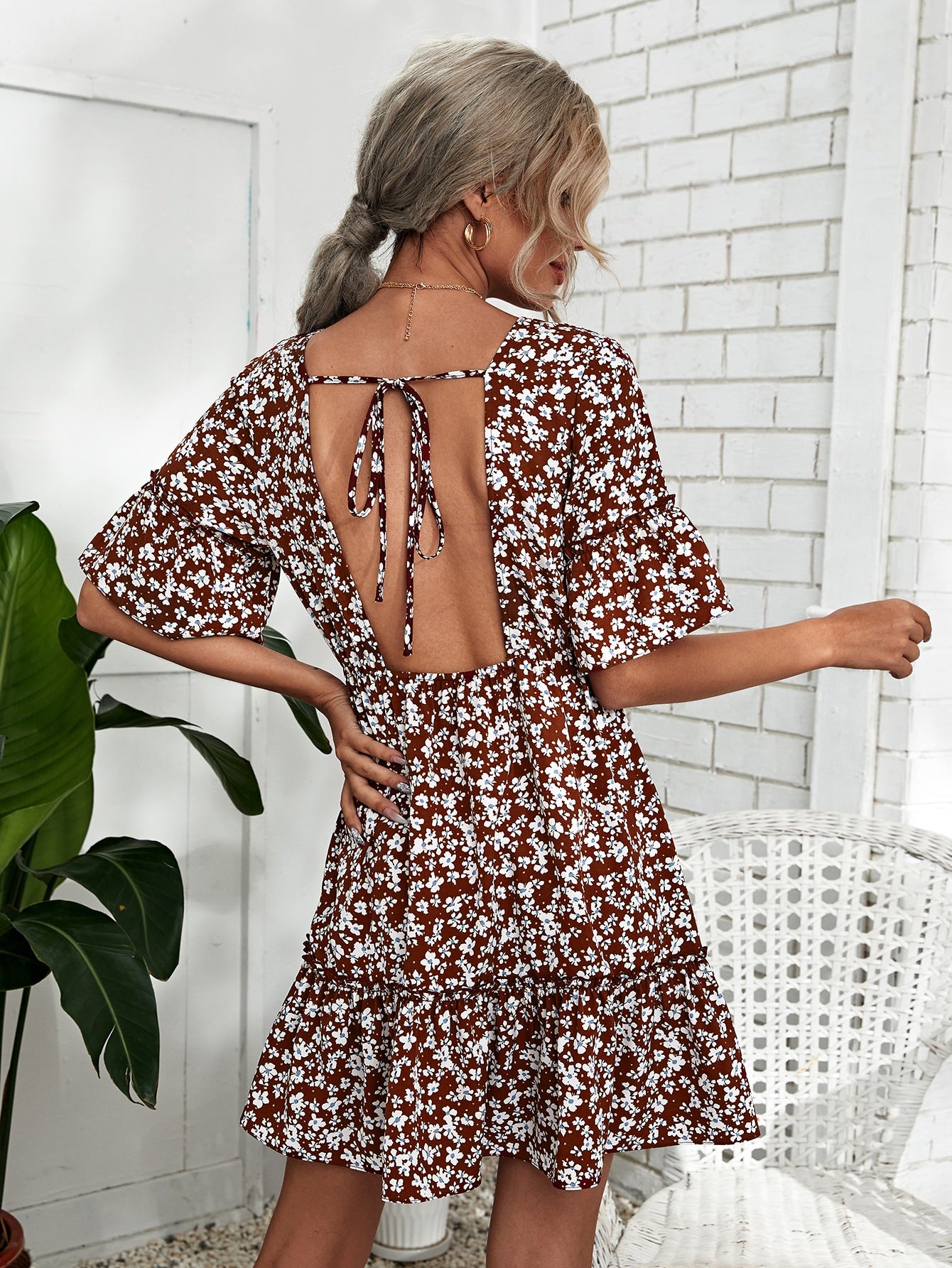 Tie Backless Ditsy Floral Dress