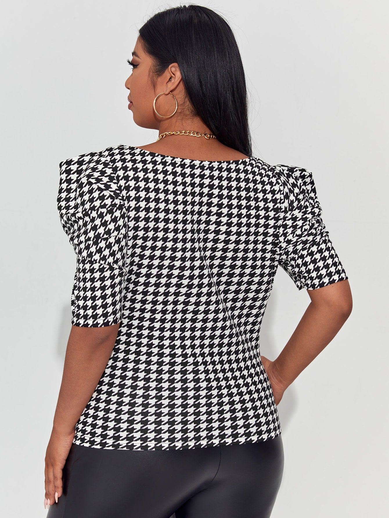 Plus Puff Sleeve Houndstooth Top