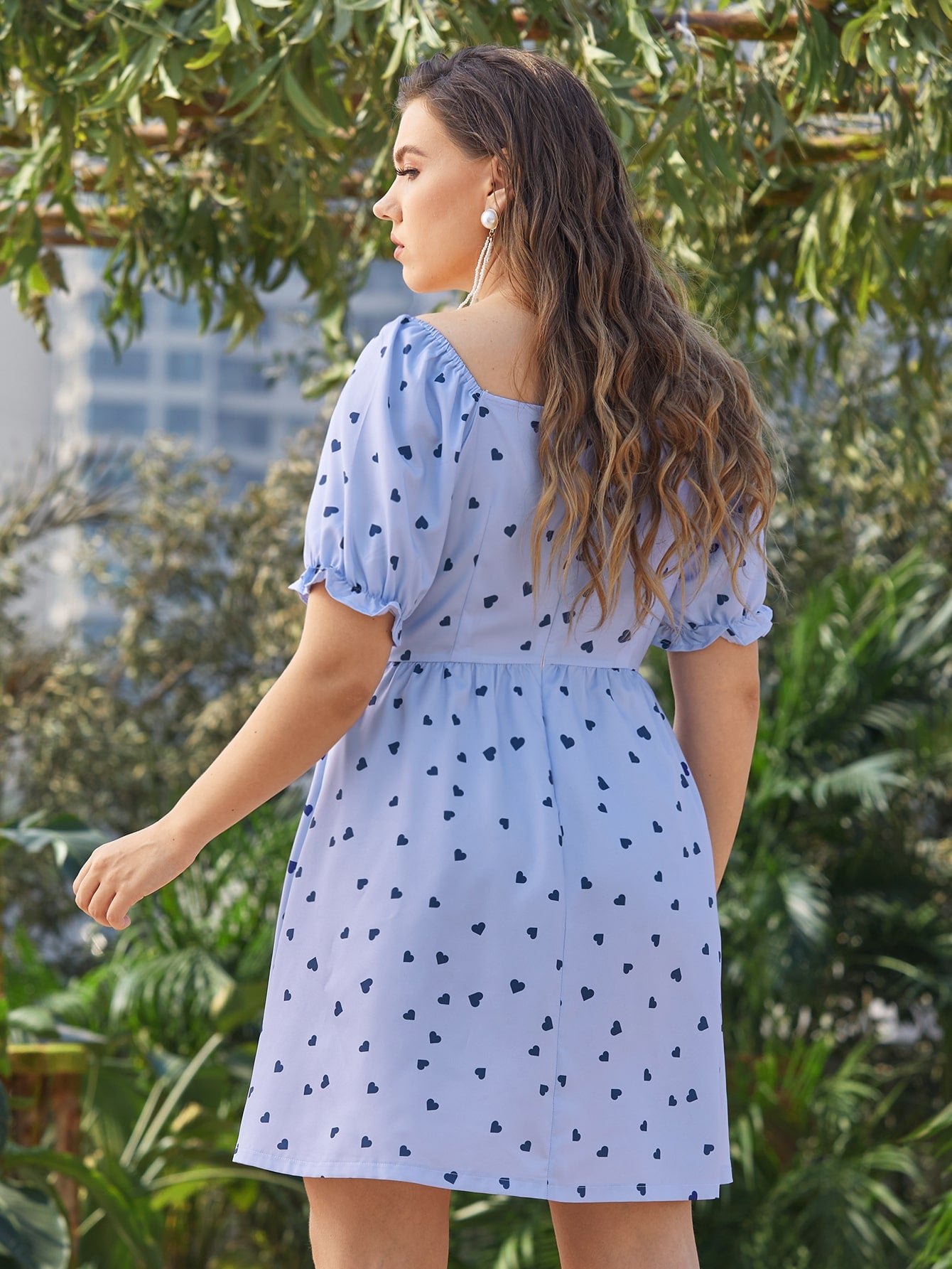 Plus Heart Print Flounce Sleeve A-line Milkmaid Dress