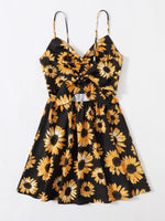 Twist Front Tie Back Sunflower Print Dress