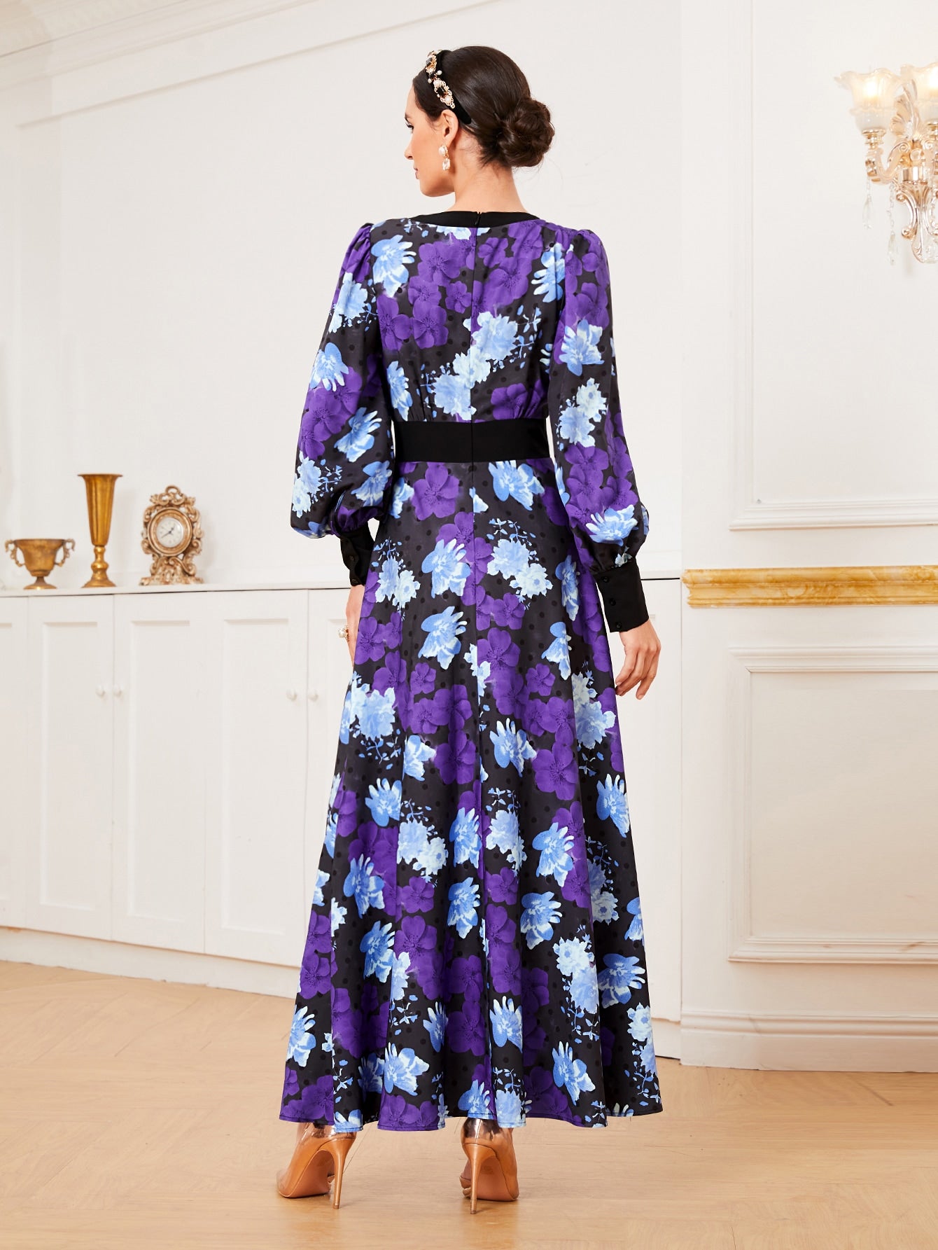 Lantern Sleeve Allover Floral Print Dress