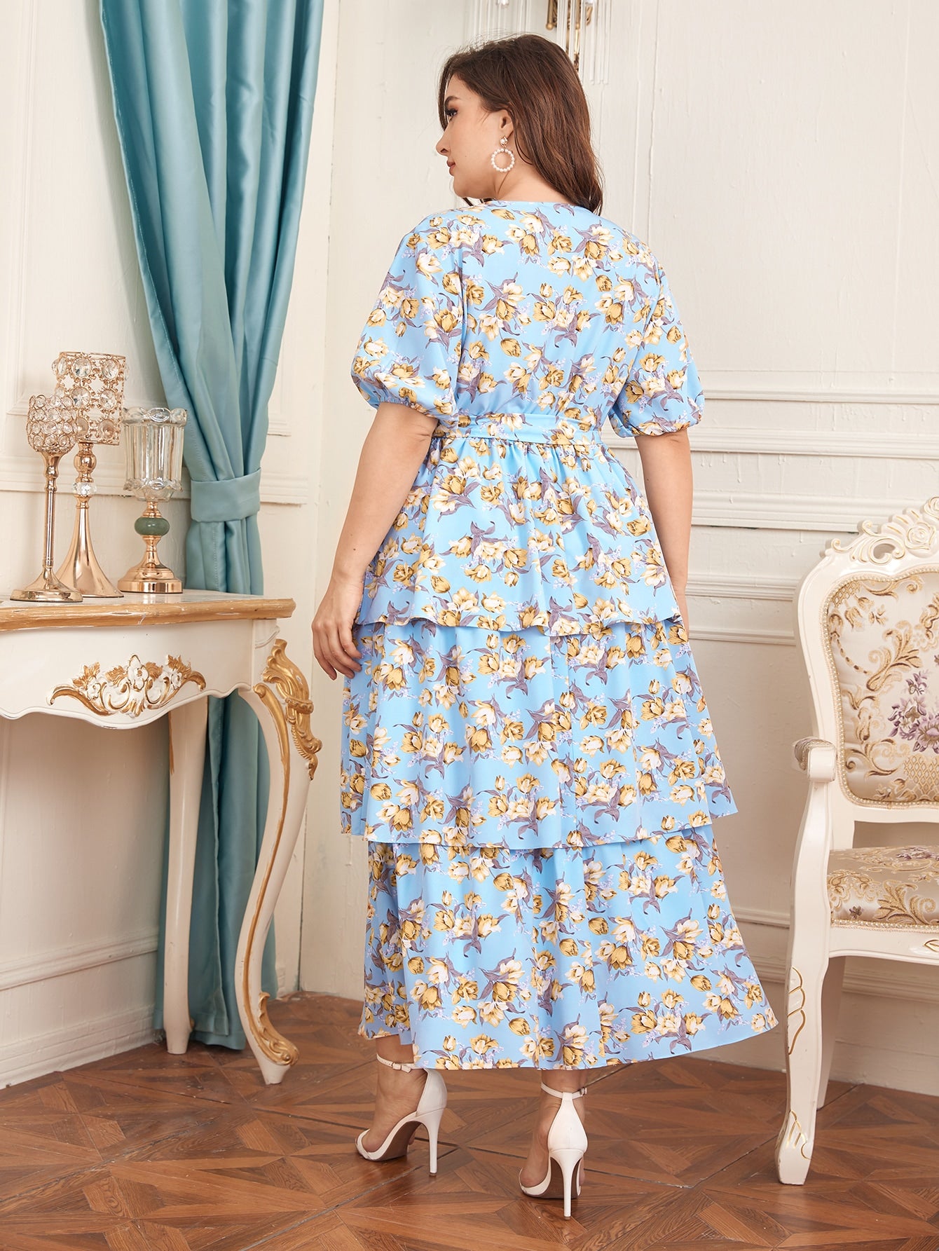 Plus Floral Surplice Neck Layered Hem Belted Dress