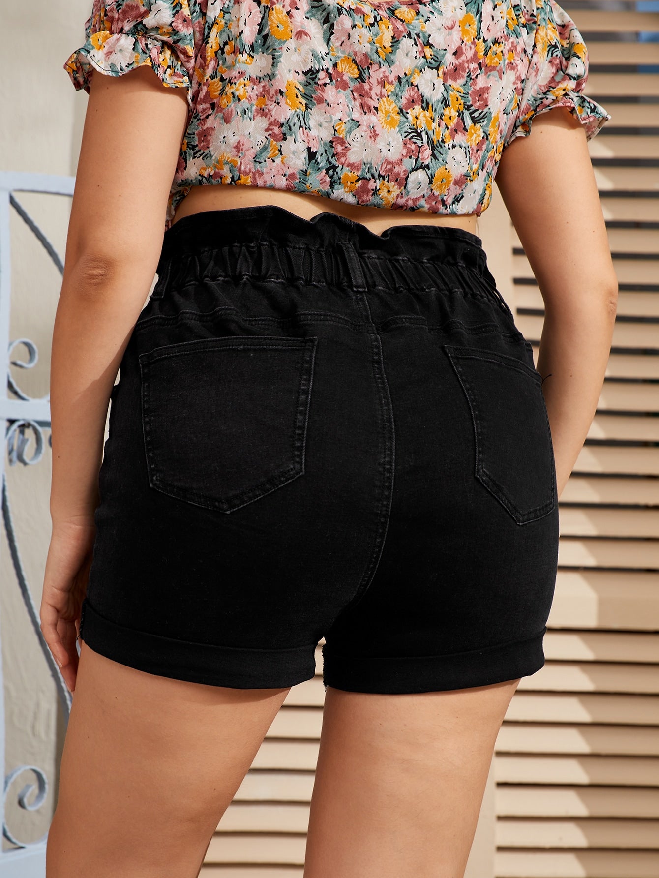 Plus Paperbag Waist Cuffed Hem Denim Shorts