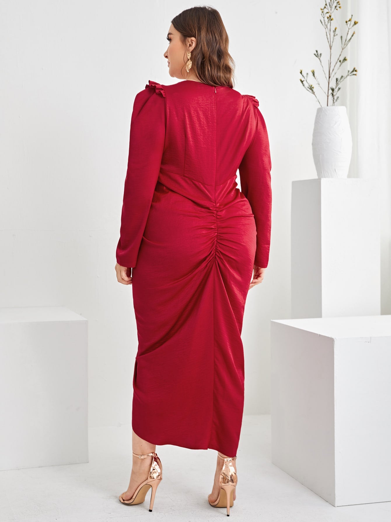 Plus Puff Sleeve Draped Front Dress