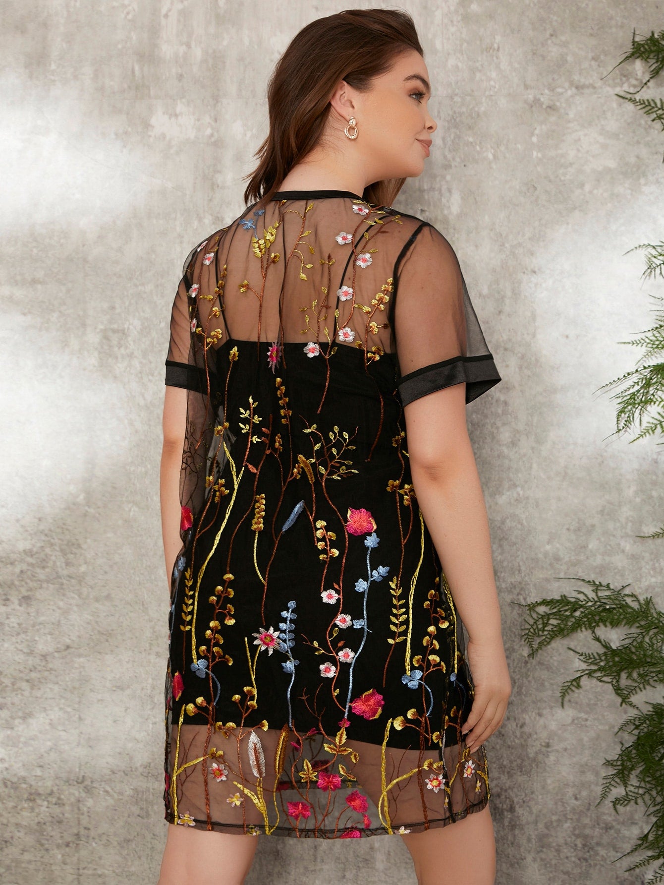 Plus Floral Embroidery Mesh Dress Without Camisole