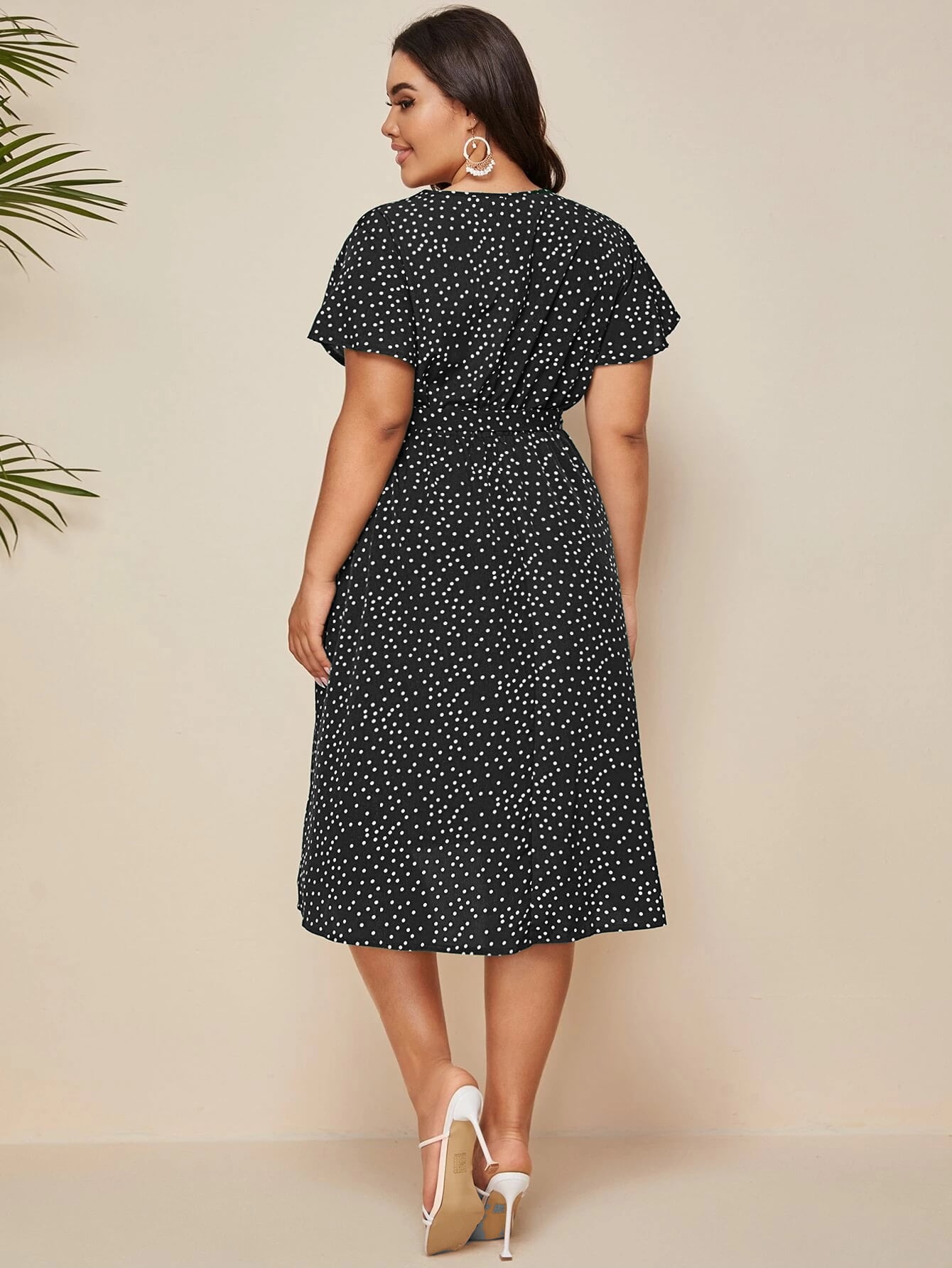 Plus Polka Dot Self Tie A-line Dress