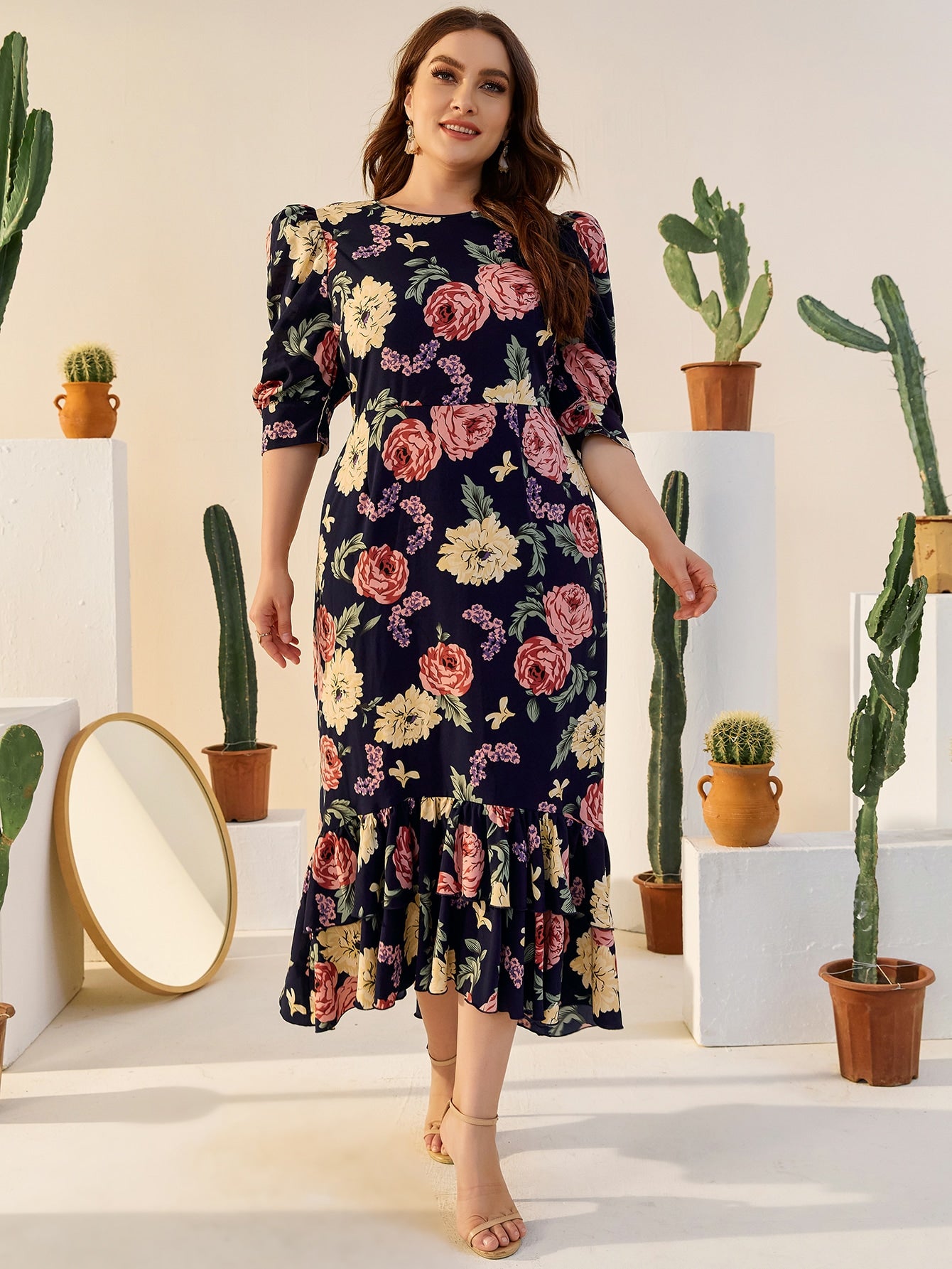 Plus Puff Sleeve Tiered Layer Mermaid Hem Floral Dress