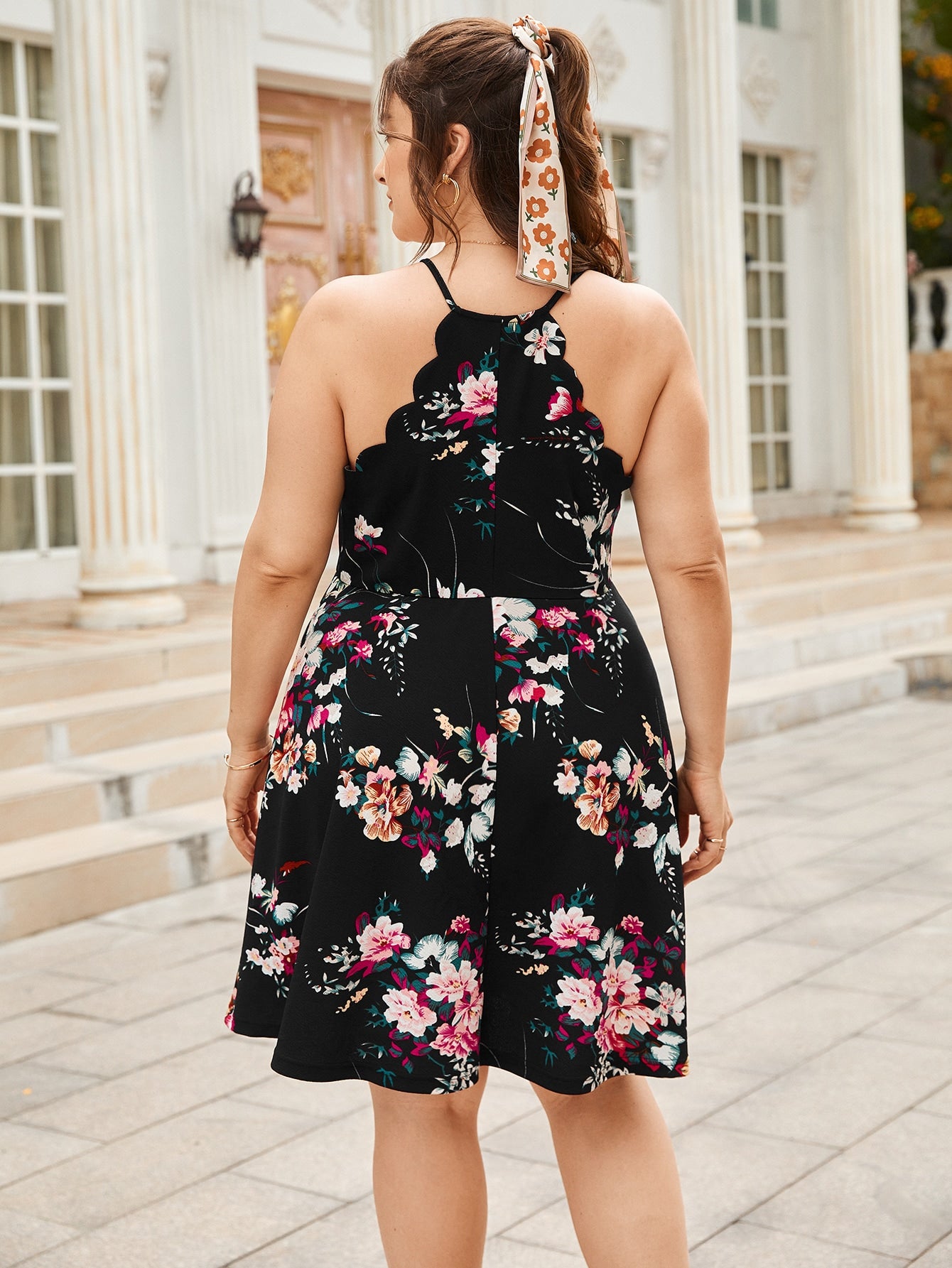 Plus Scallop Trim Floral Print Halter Dress