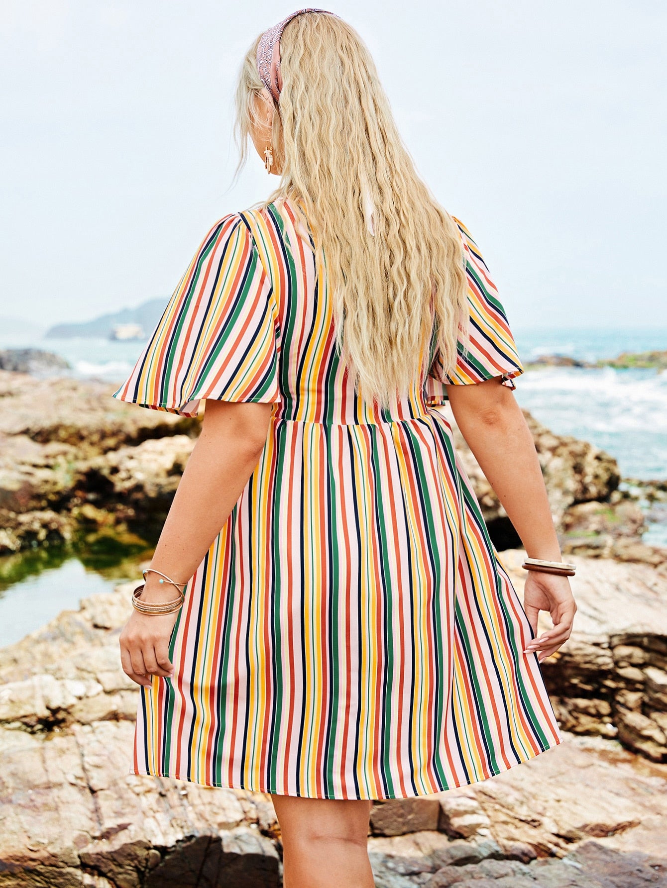 Plus Butterfly Sleeve Shirred Waist Striped Dress