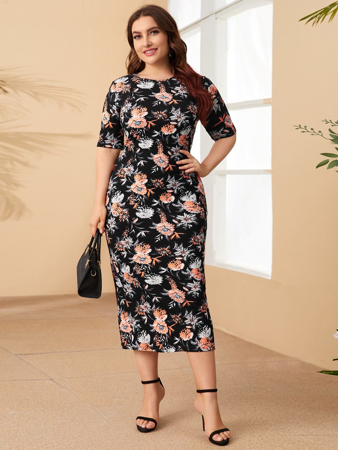 Plus Slit Back Allover Floral Dress