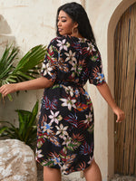 Plus Tropical Print High-low Hem Belted Dress