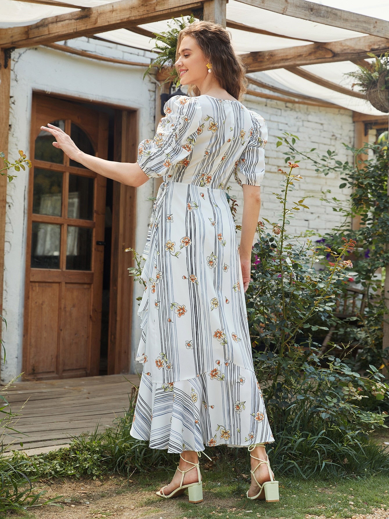 Ruffle Trim Floral and Striped Dress