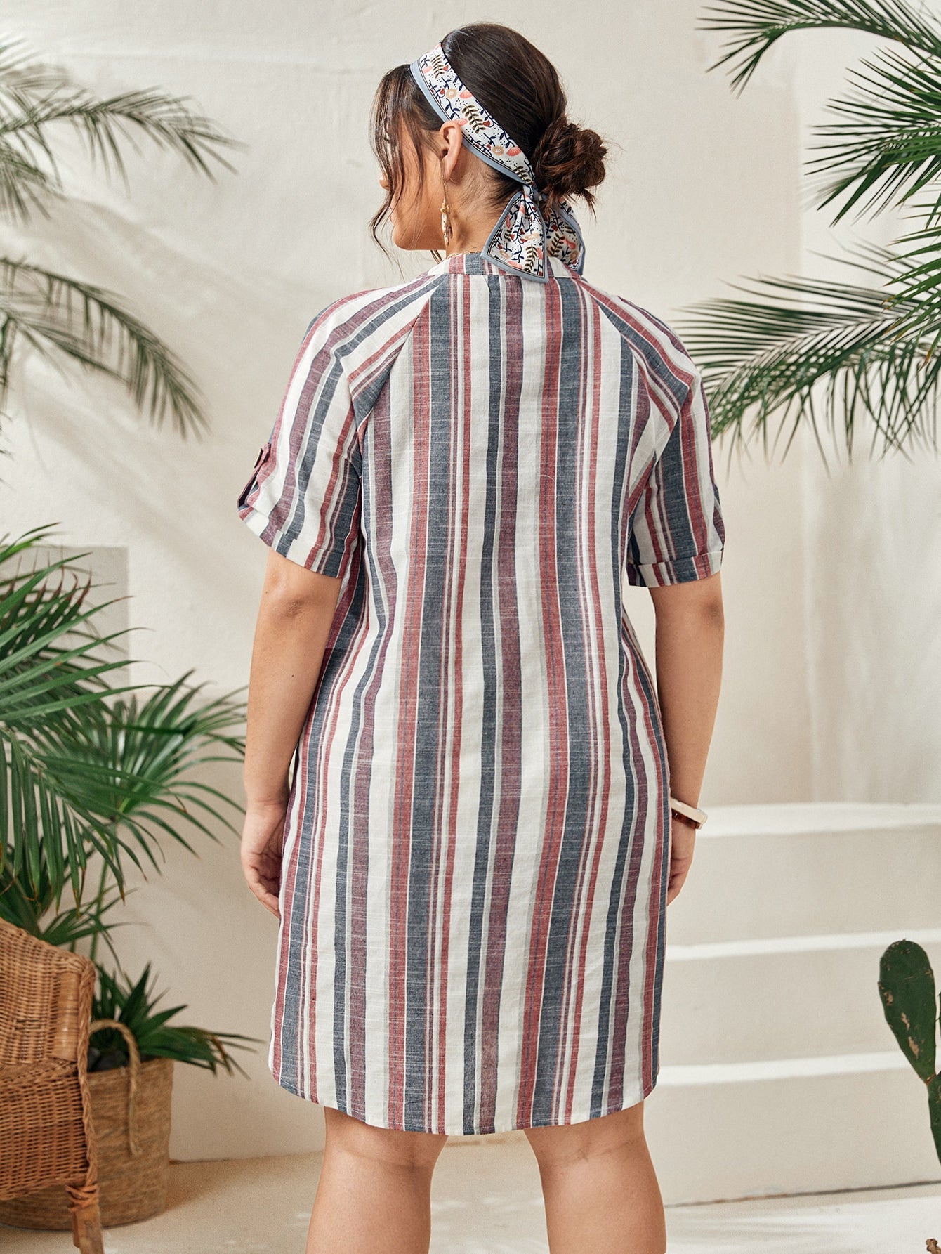 Plus Roll Tab Sleeve Striped Dress