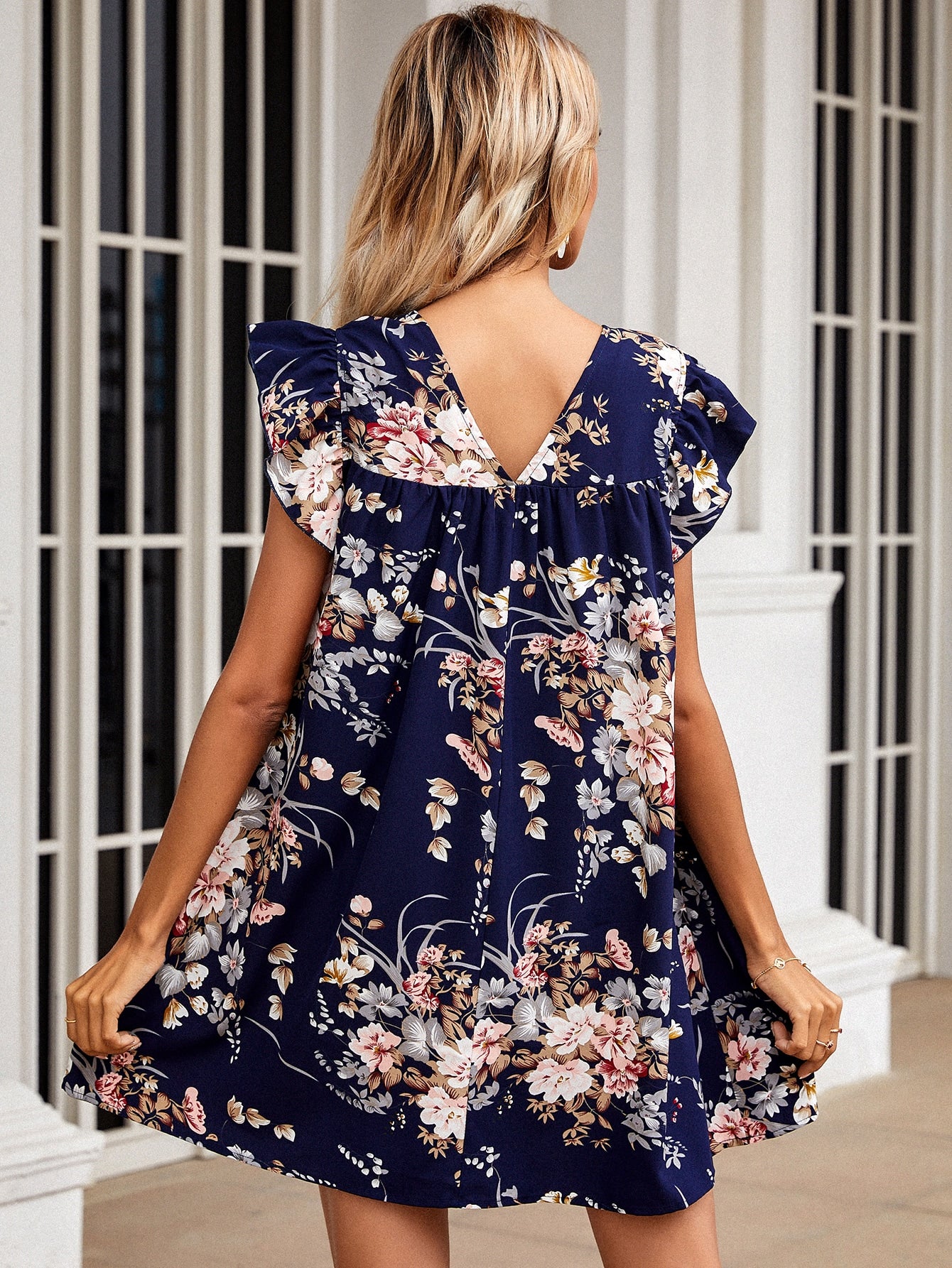 Floral Print V-neck Ruffle Trim Dress