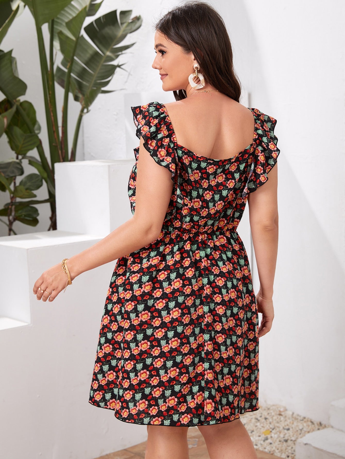 Plus Allover Floral Ruffle Trim Dress