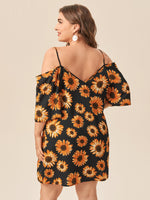 Plus Sunflower Print Cold Shoulder Dress