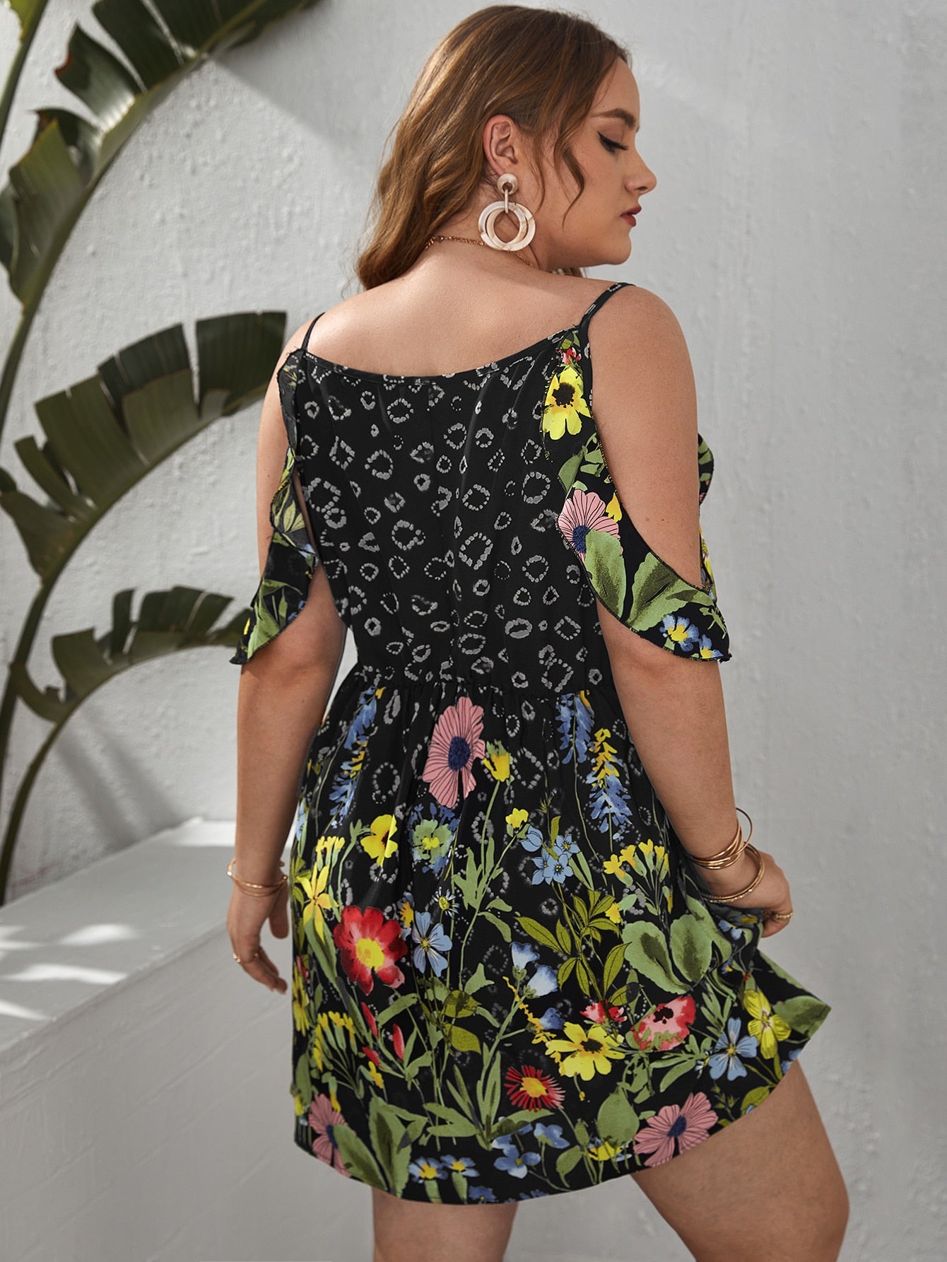 Plus Plants Print Cold Shoulder Dress