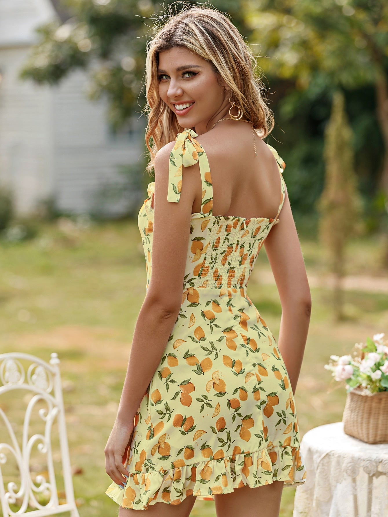 Allover Lemon Print Shirred Back Cami Dress