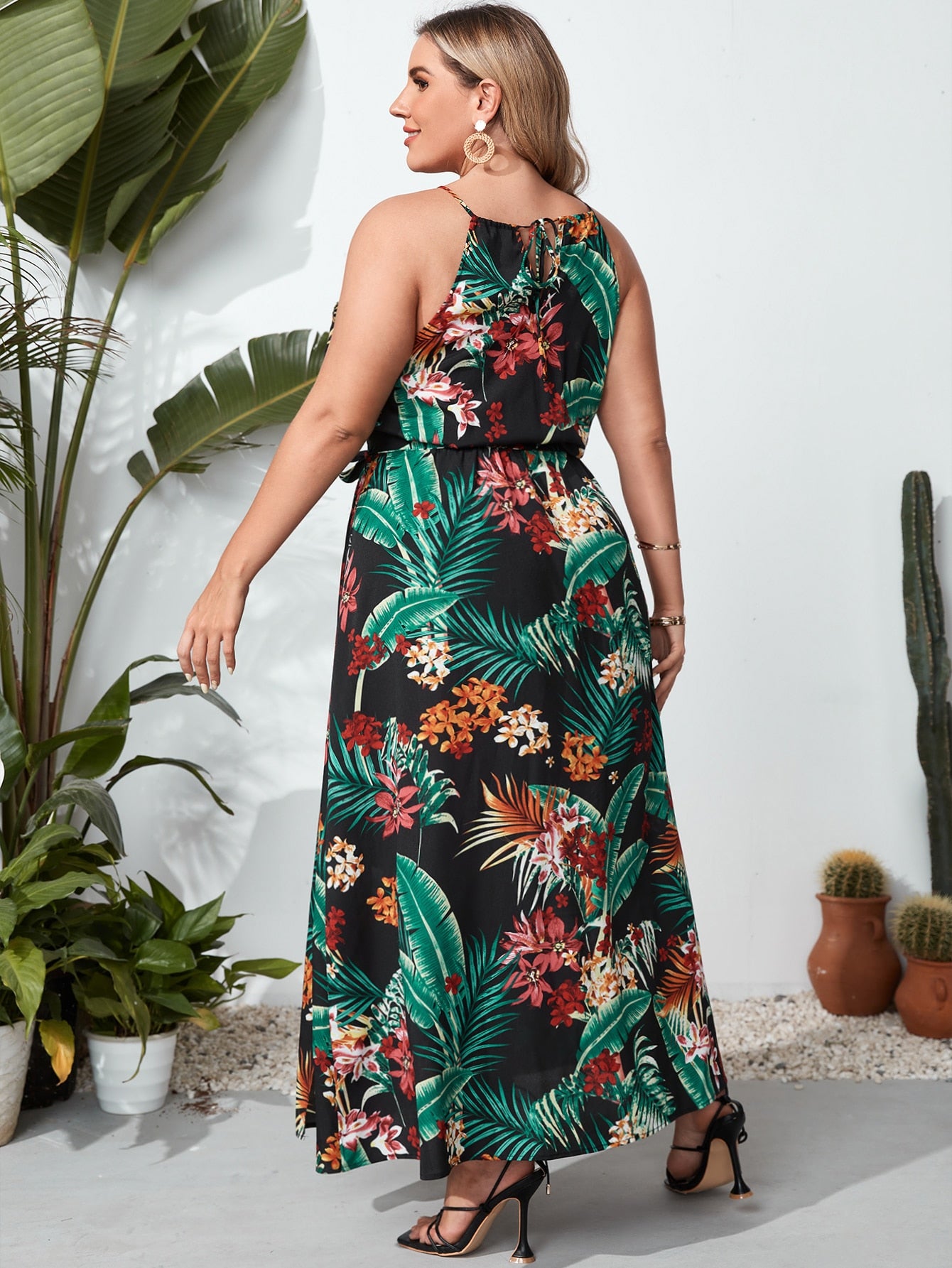 Plus Tropical Print Split Thigh Belted Halter Dress