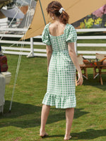 Puff Sleeve Ruffle Hem Gingham Milkmaid Dress