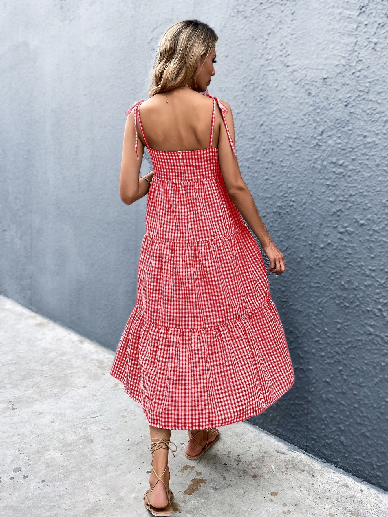 Gingham Ruffle Hem Tie Shoulder Cami Dress