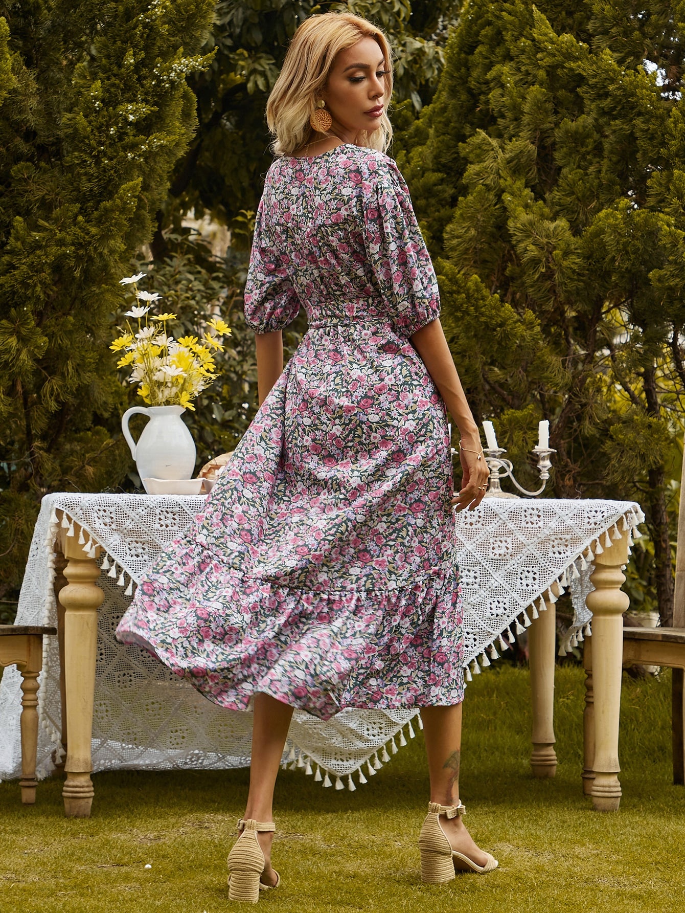 Floral Print Bishop Sleeve Belted Dress