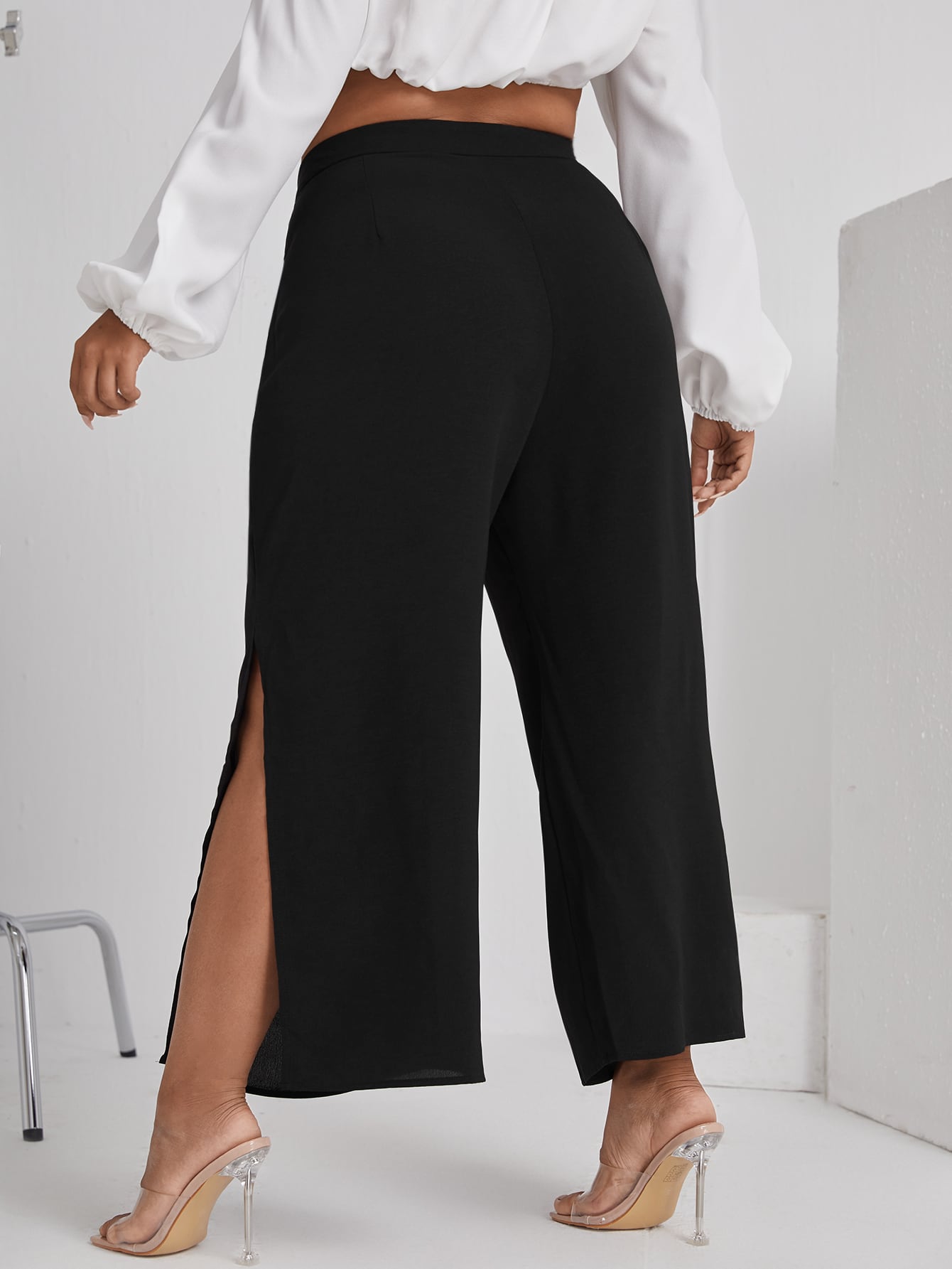 Plus Solid Split Hem Wide Leg Pants