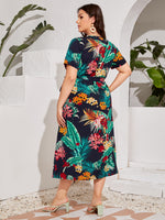 Plus Tropical Print Surplice Belted Dress