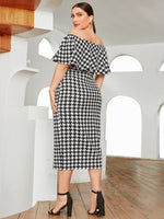 Plus Off Shoulder Ruffle Detail Houndstooth Dress