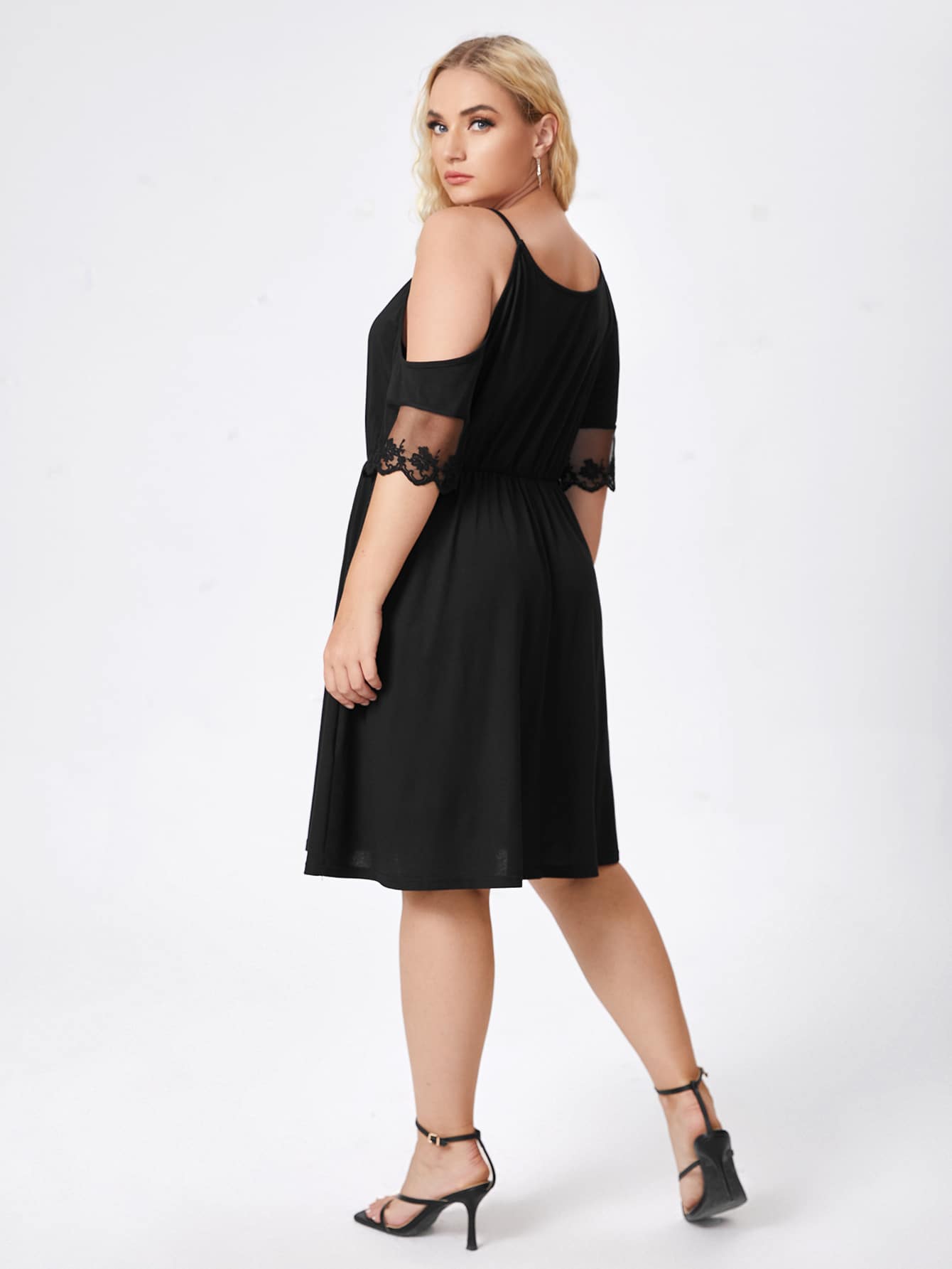 Plus Asymmetrical Neck Contrast Lace A-line Dress