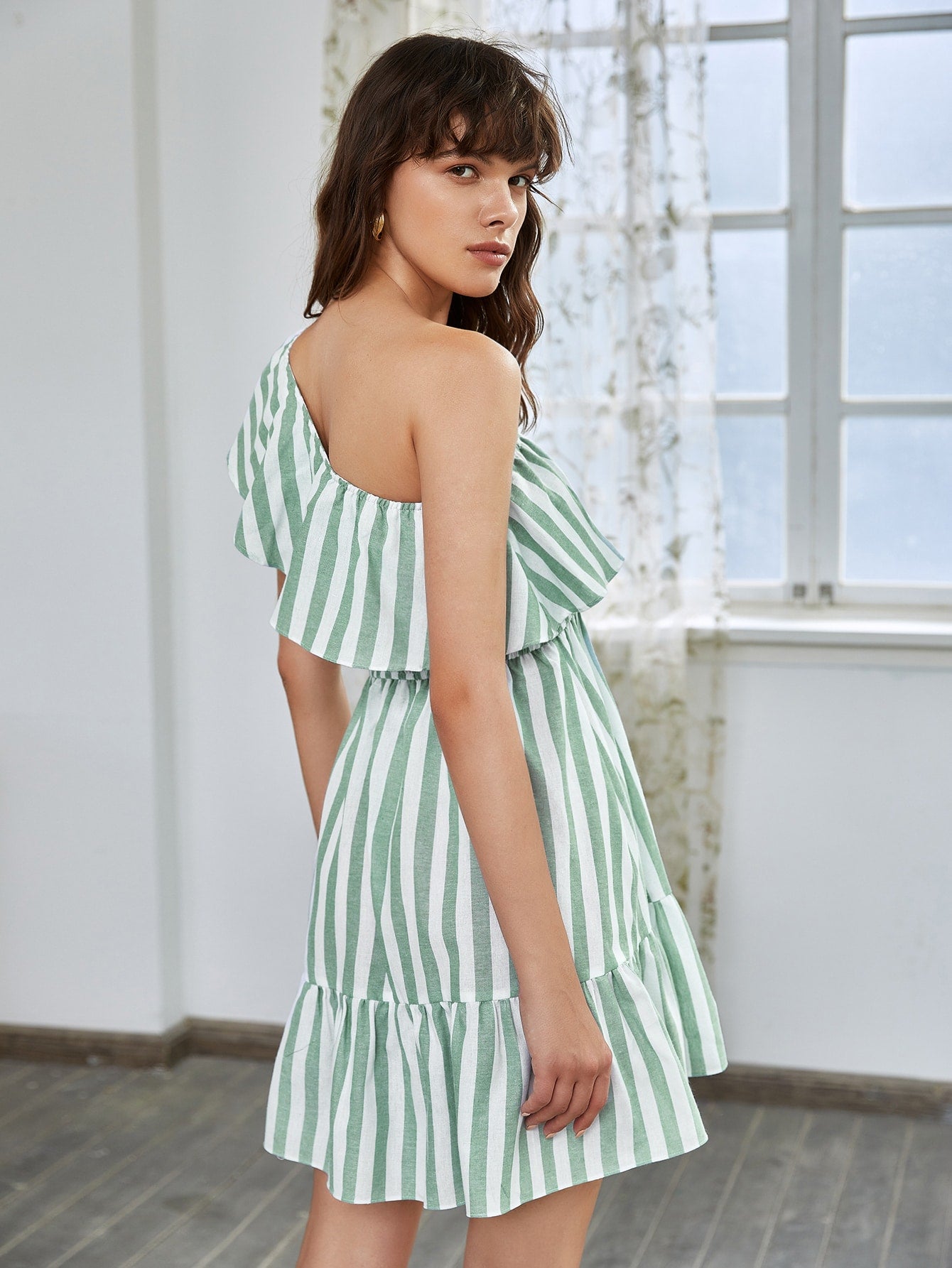 Ruffle One Shoulder Flounce Hem Striped Dress