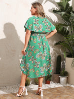 Plus Allover Butterfly Belted Dip Hem A-line Dress