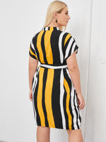 Plus Notch Neck Striped Belted Dress