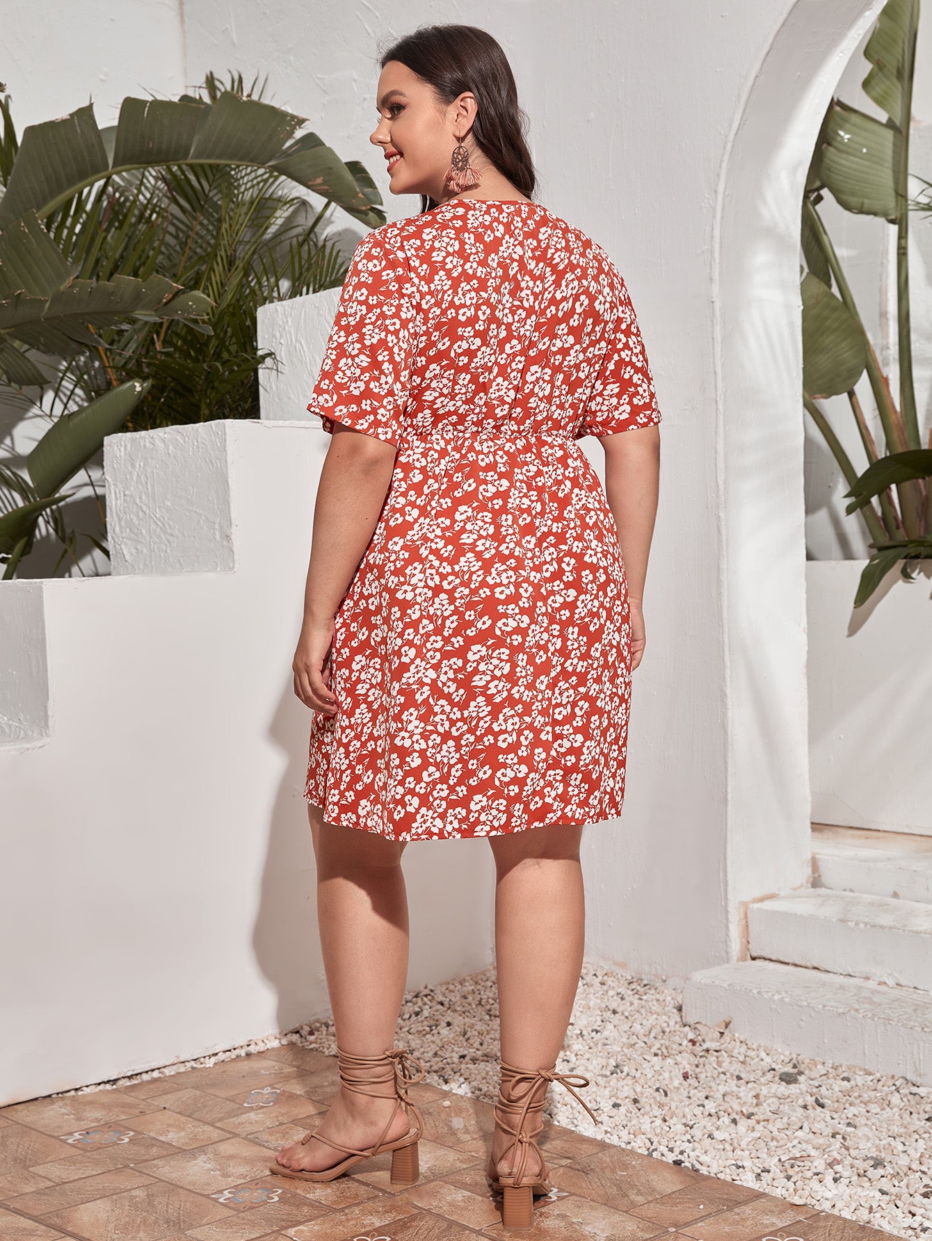 Plus Ditsy Floral Plunging Neck A-line Dress