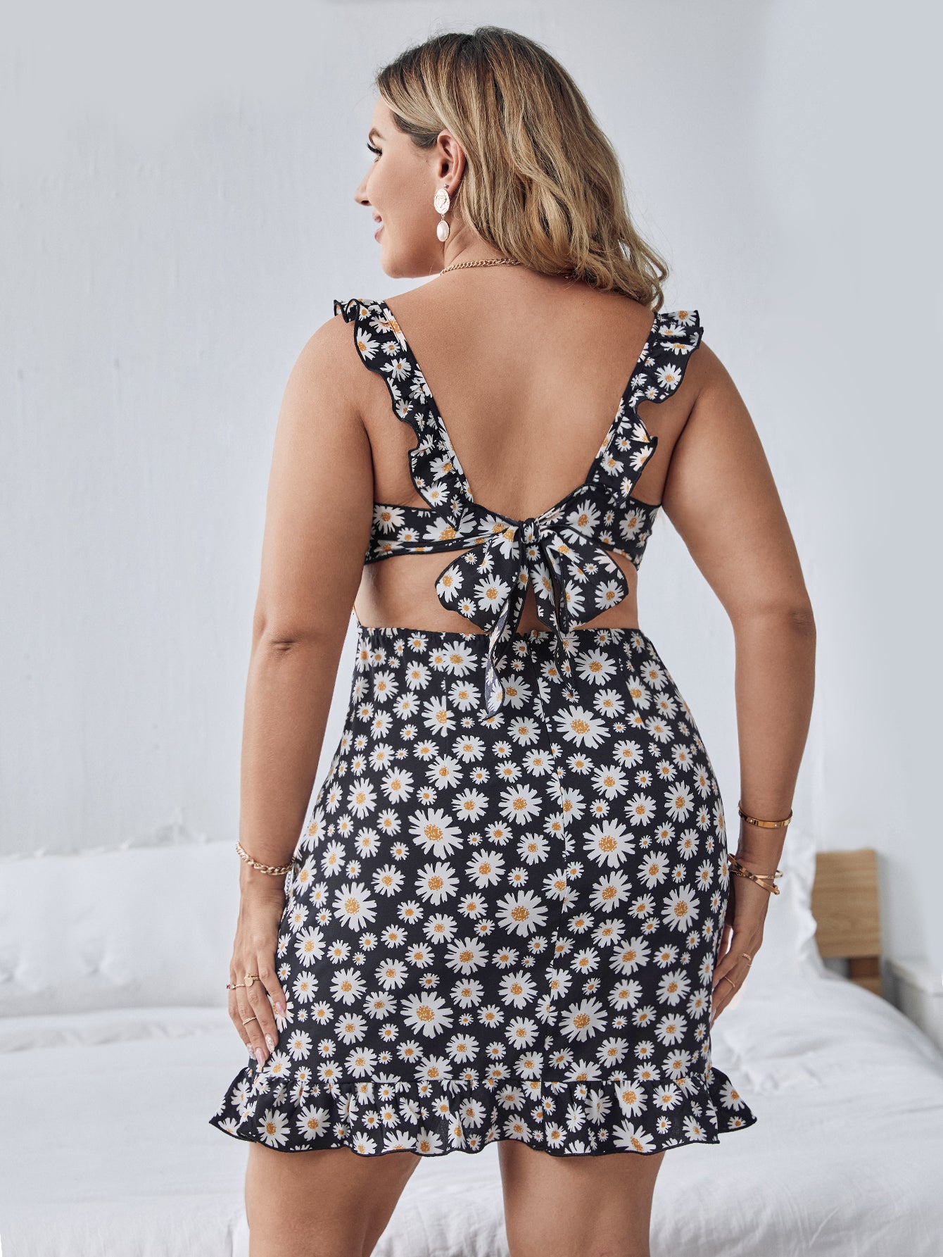 Plus Allover Floral Print Tied Open Back Dress