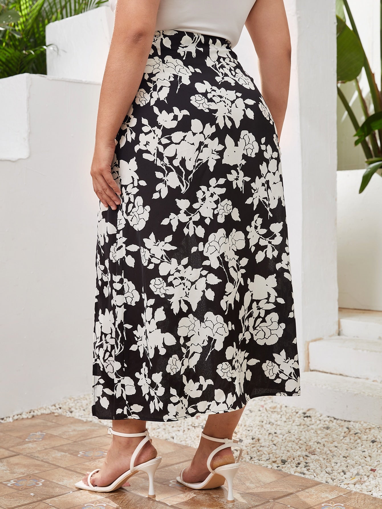 Plus Floral Print Split Thigh Skirt