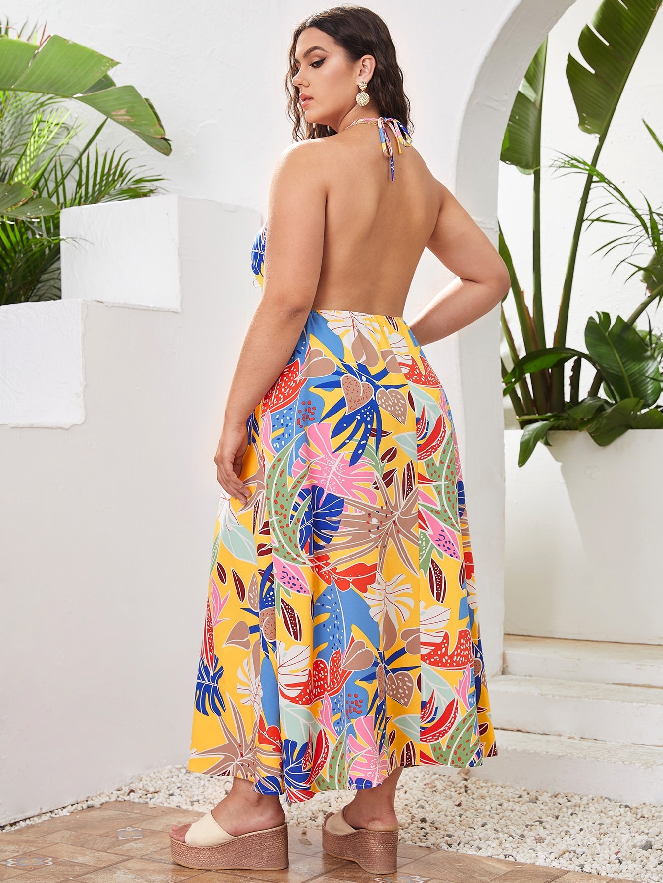 Plus Tropical Print Backless Halter Dress