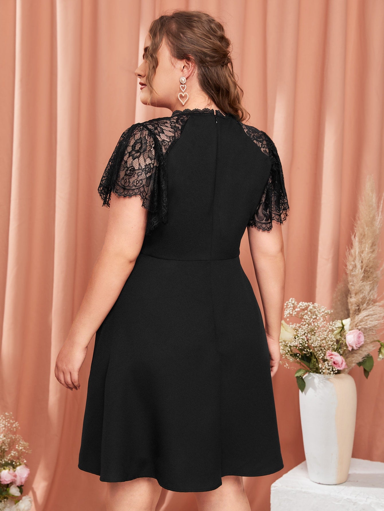 Plus Lace Sleeve Notched Neckline Dress