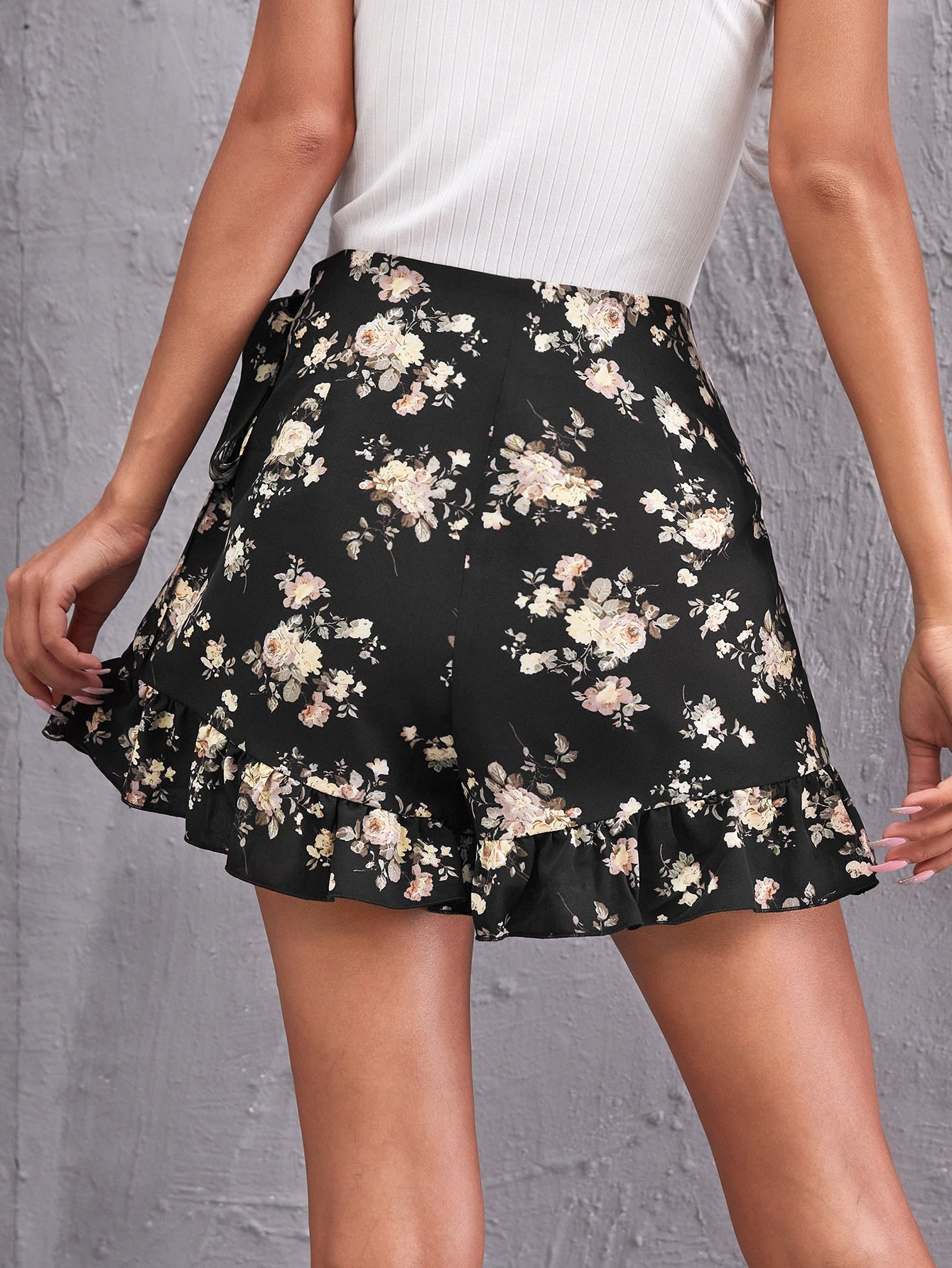 Floral Print Tie Side Wrap Skort