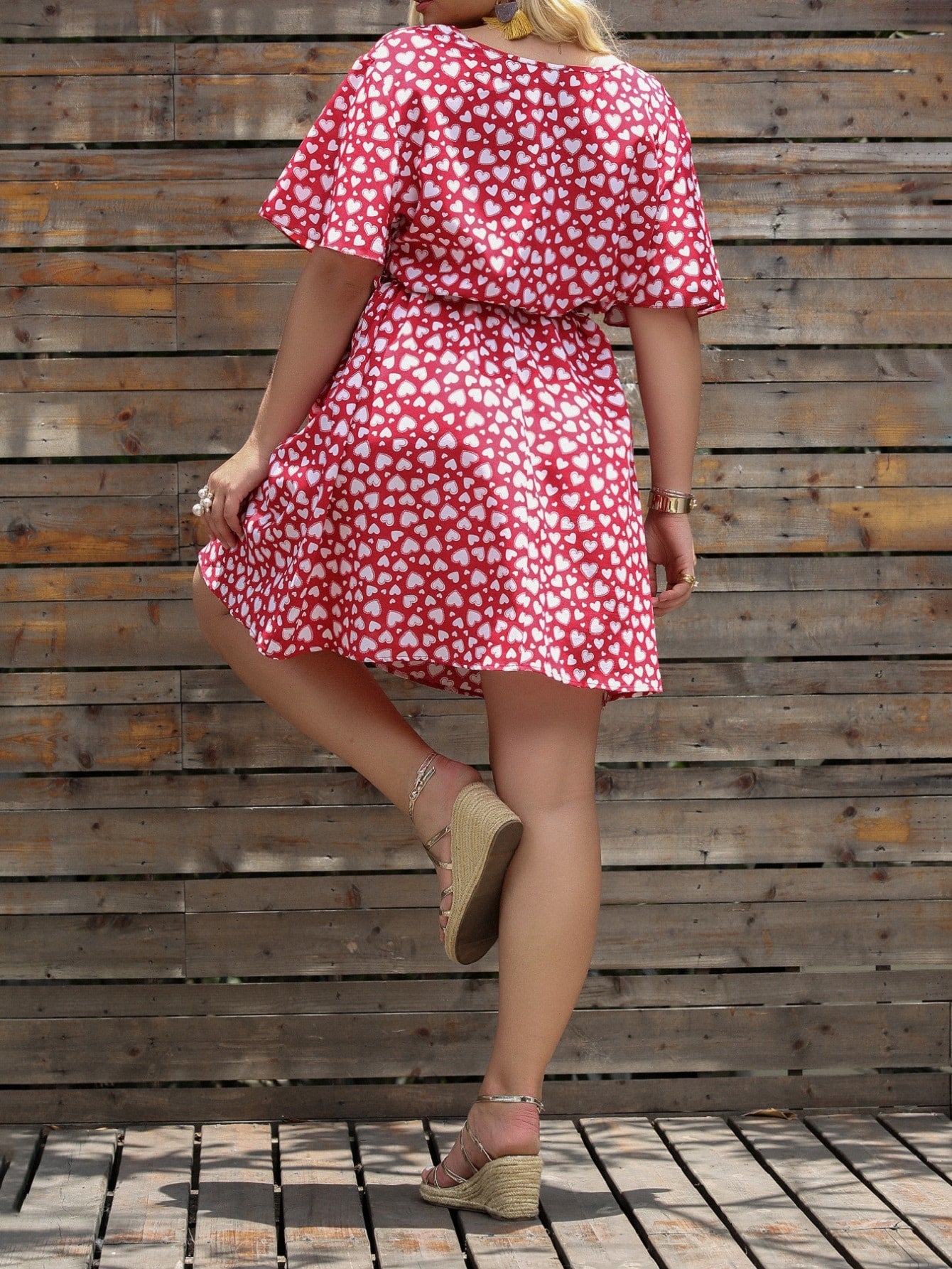 Plus Allover Heart Print Belted Dress