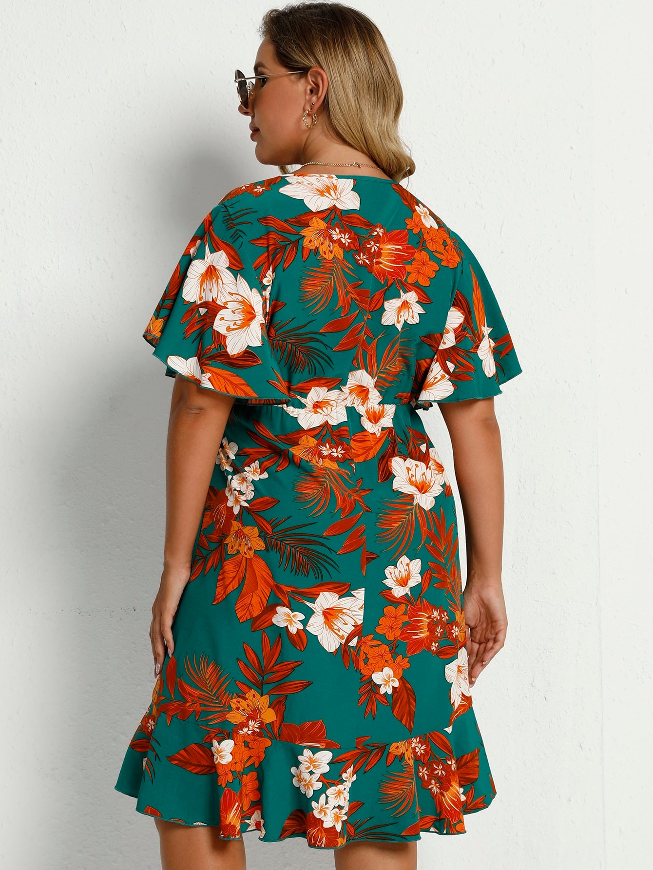 Plus Floral Surplice Front Knot Dress