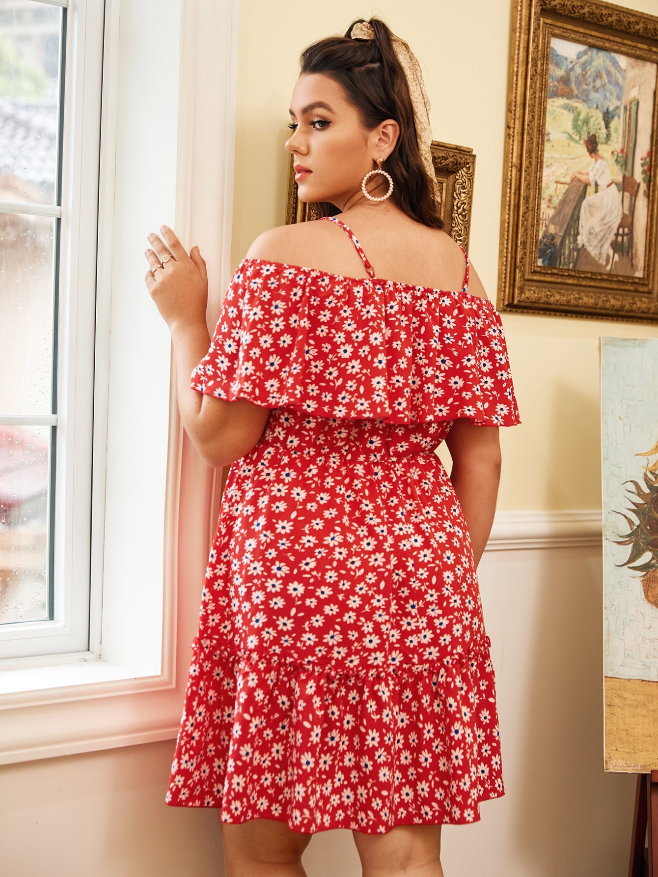 Plus Off Shoulder Ruffle Hem Ditsy Floral Dress