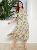 Plus Tropical Print Flutter Sleeve Tiered Bardot Dress