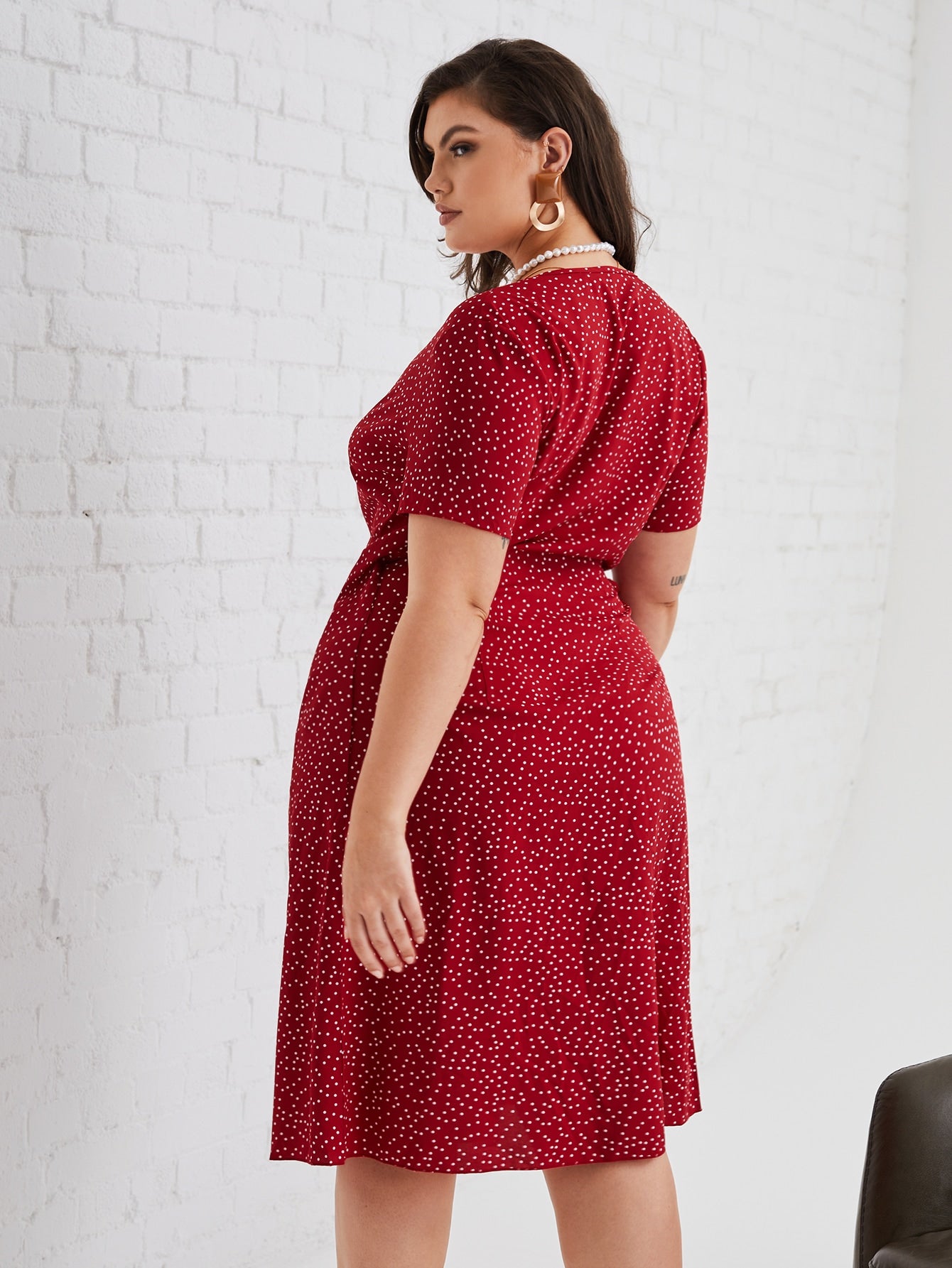 Plus Polka Dot Button Wrap Dress