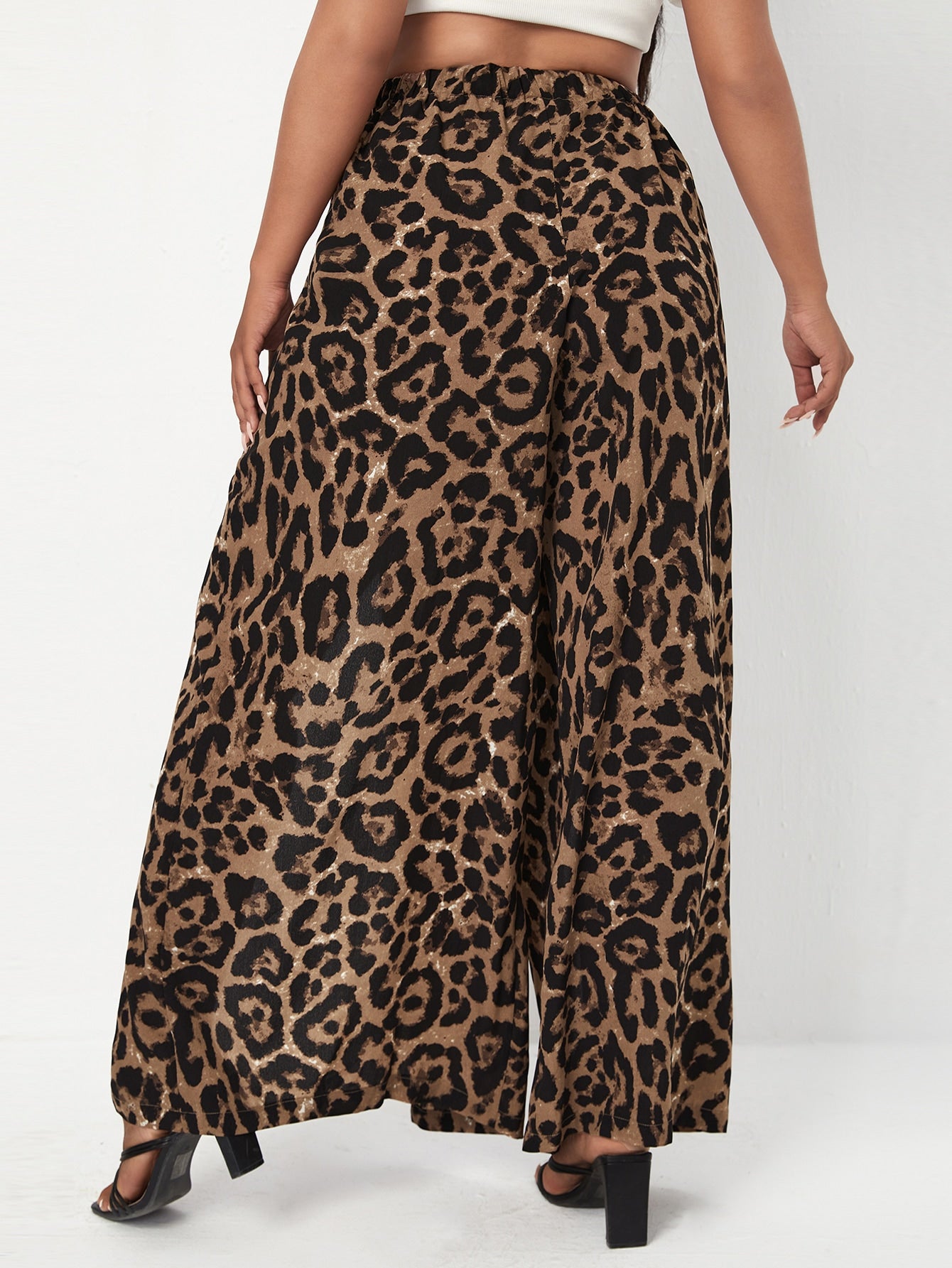 Plus Leopard Split Thigh Wide Leg Pants