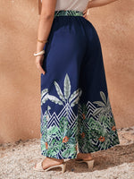 Plus Self Belted Tropical Print Pants