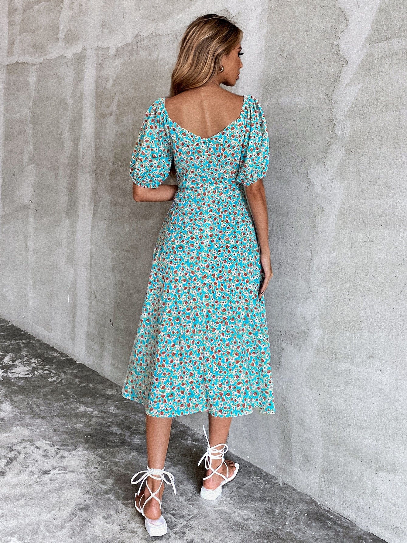 Ditsy Floral Puff Sleeve A-line Dress